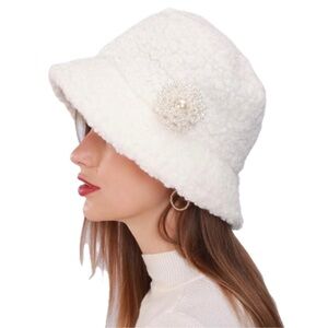 Elegant White Bucket Hat with Pearl Accent